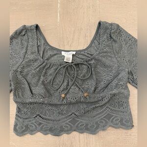 Chic Sage Green Eyelet Crop Top Long Sleeve